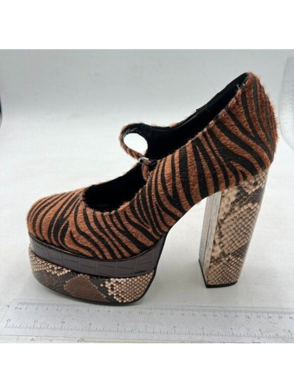 Women Platform Chunky High Heel Mary Jane Pumps Snakeskin Round Closed Toe Brown